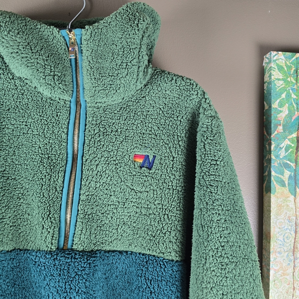 Aviator Nation Teddy Unisex Hooded Half Zip Color block Jacket Garden Green XS - Picture 8 of 16